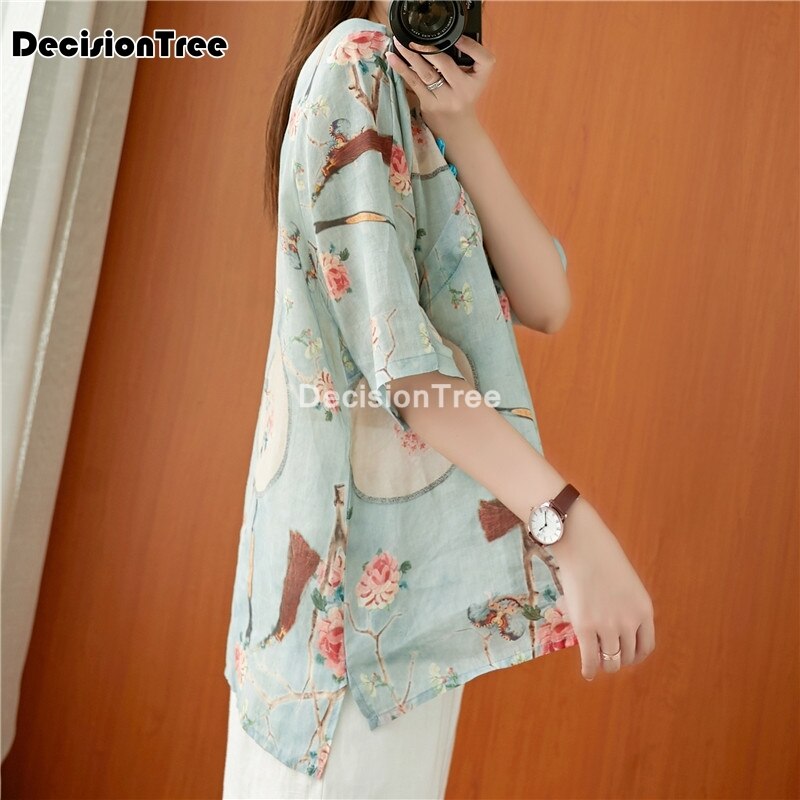 Tops hanfu top, camisa china de estilo chino, ropa tradicional china para mujer, cuello en v, tops tradicionales chinos holgados 2022