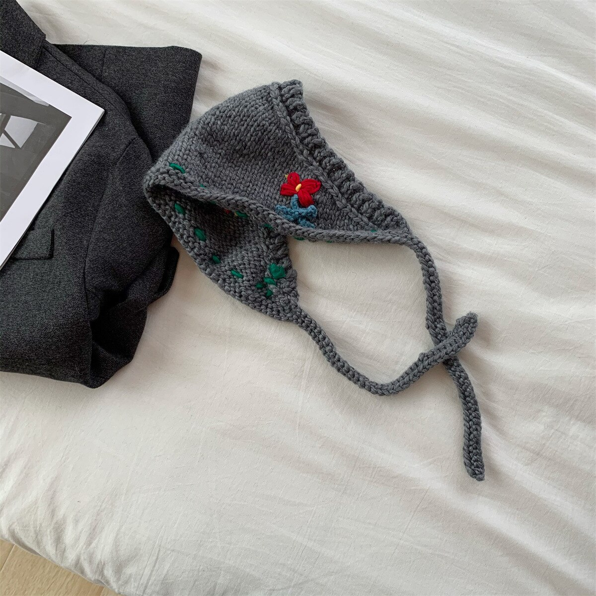 Bonnet coréen rétro à lacets pour femmes, couvre-oreilles tricotés à la main, Protection des oreilles, en laine, , automne et hiver: gray