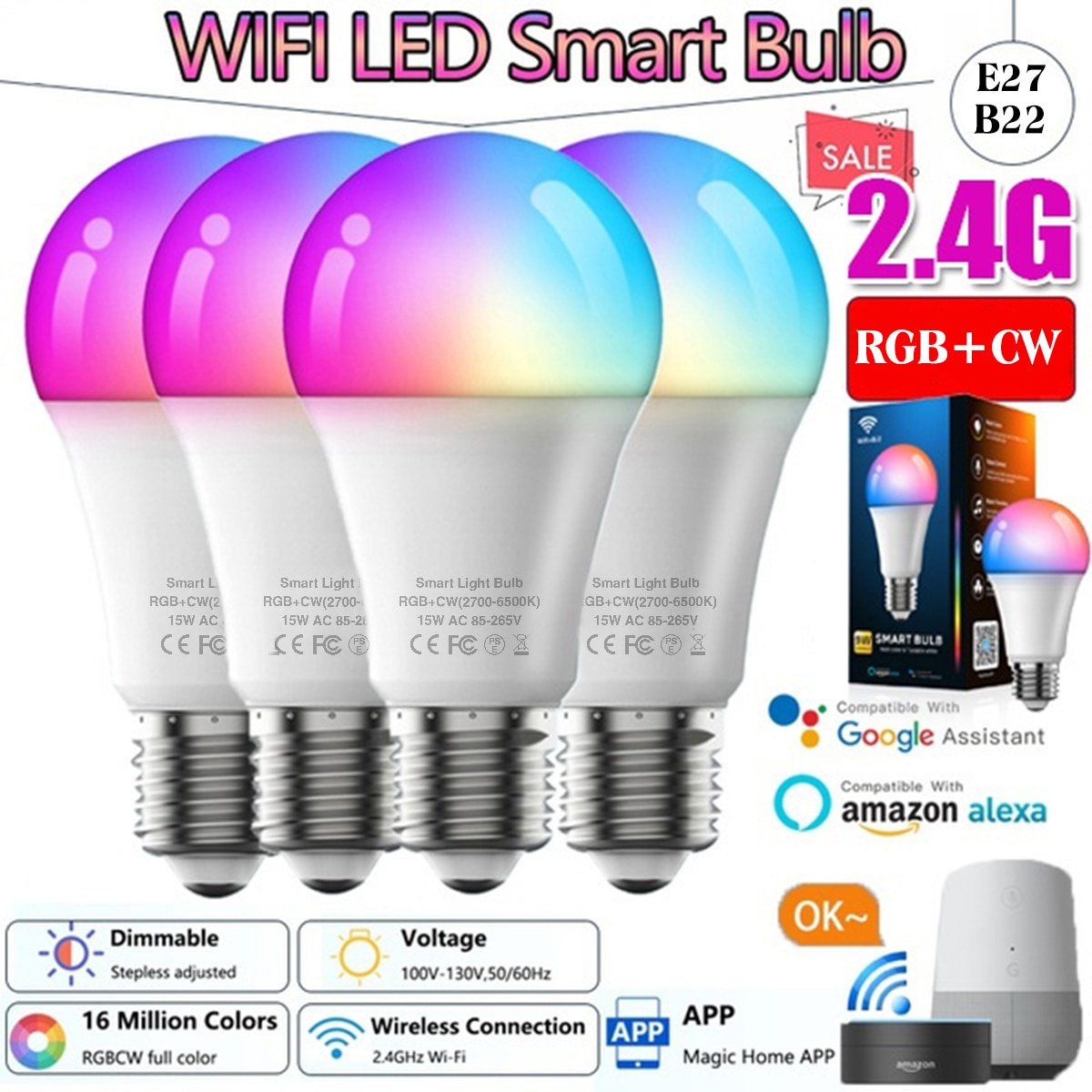 WiFi Smart Light Bulb E27/B22 RGBCW 5-20W Energy Saving Dimming Bluetooth LED Bulbs Work With Alexa Google Assistant Home Decor