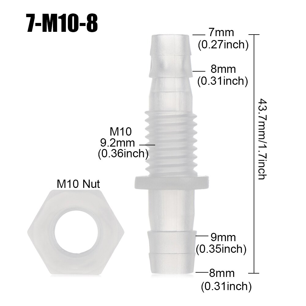 5pcs M6~M10 Thread Hex Nut PP Straight Garden Water Connectors Aquarium Fish Tank Adapter Air Pump Hose Fittings Pagoda Joints: 7-M10-8