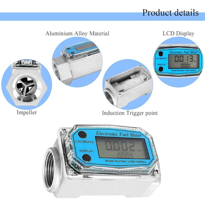 Turbine Flow Meter Module Digital Display Flowmeter Body with 1-Inch Inlet/Outlet Gas Oil Fuel Flowmeter Metal Parts