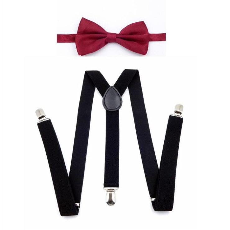 Effen Kleur Man Riem Bowtie Set Mannen Vrouwen Bretels Polyester Y-Back Bretels Twee Kleuren Strikje Verstelbare elastische: WineBow Suspender