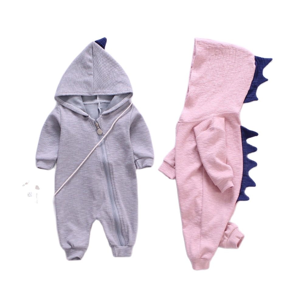 Lente Kids Tales Pasgeboren Baby Romper Pak Solid Hooded Dino Jongens Meisjes Romper Katoen Babykleding 4 Kleuren