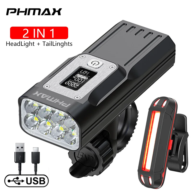 PHMAX Luce anteriore per bicicletta Faro per bici ricaricabile tramite USB 1500 lume Torcia per montagna bicicletta in alluminio impermeabile: verde