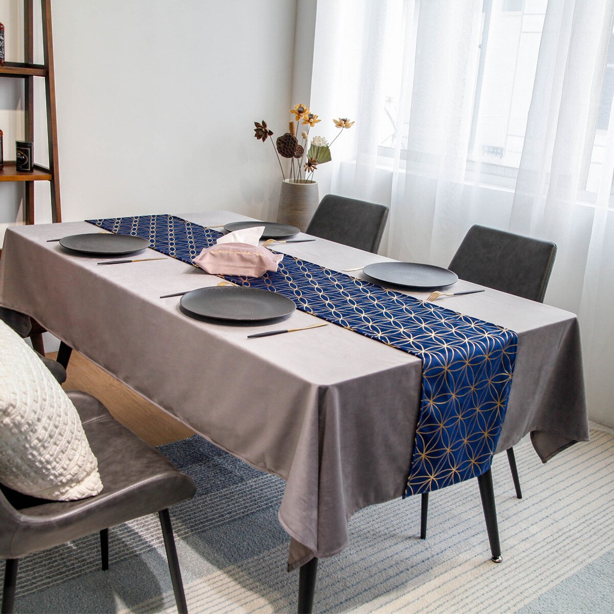 Nordic Velvet Table Runner Simple Modern Geometric Gray Navy Blue Table Runner Dining Table Decor