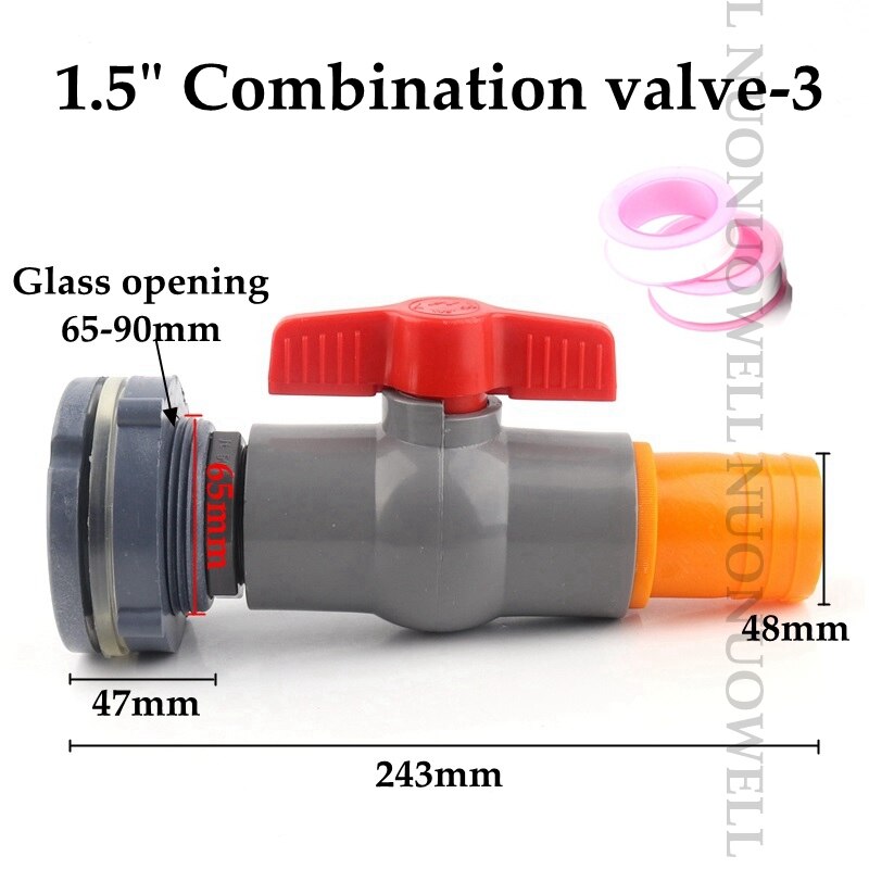 1Set 1/2"1" Combination Valve Aquarium Pagoda Connector Fish Tank Drain Joint Aquarium Hose Drainage Accessories Valve Assembly: 1.5in valve 3
