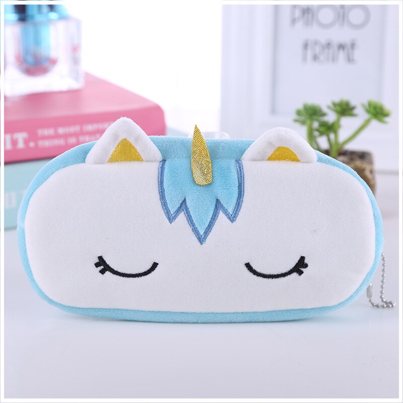 FUDEAM Soft Plush Cartoon Women Long Coin Purse Cute Zipper Girl School Stationery Pencil Case Usb Cable Storage Bag Key Wallet: Unicorn Blue