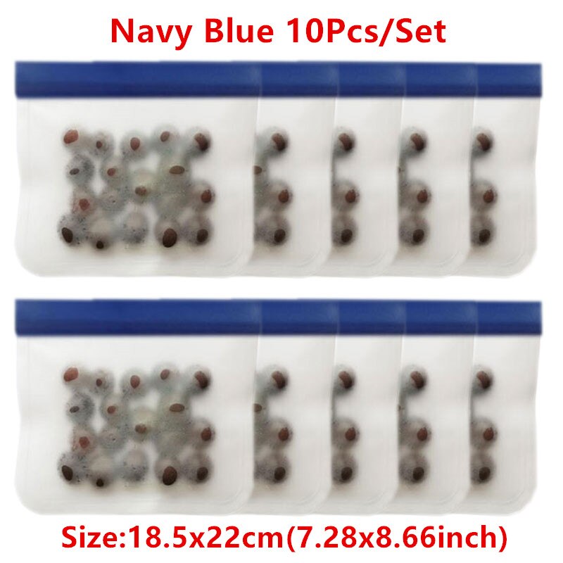 Juego de Bolsas de Silicona para Alimentos, Conjunto de Empaques con Sello, Ideal para Almacenamiento y Conservación Fresca de Frutas y Verduras, Reutilizable, A Prueba de Fugas, Estilo Bolsa Ziploc, 14 Piezas: 10pcs Navy Blue