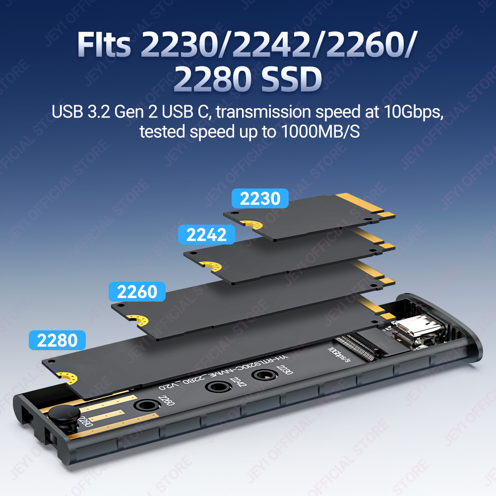 JEYI Aluminum M.2 NVME SSD Enclosure Adapter, USB 3.2 Gen 2 (10 Gbps) to NVME M-Key/(B+M) Key SSD External Case With Trim UASP