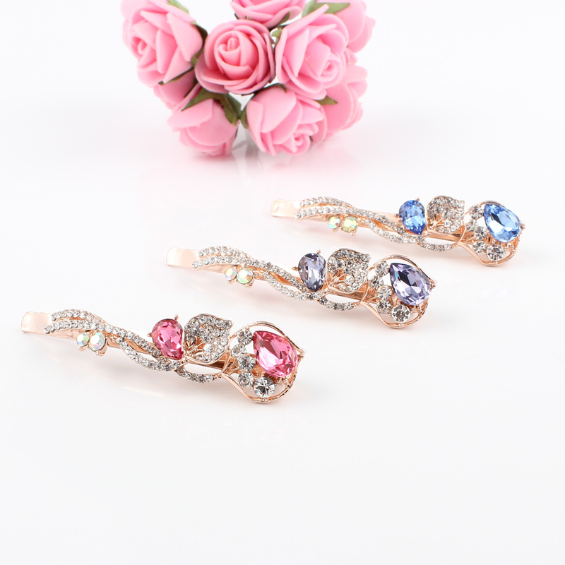 1 PC hair clip women flower rhinestones blue pink purple girls brand hairclip K9 crystal stones golden alloy head jewelry