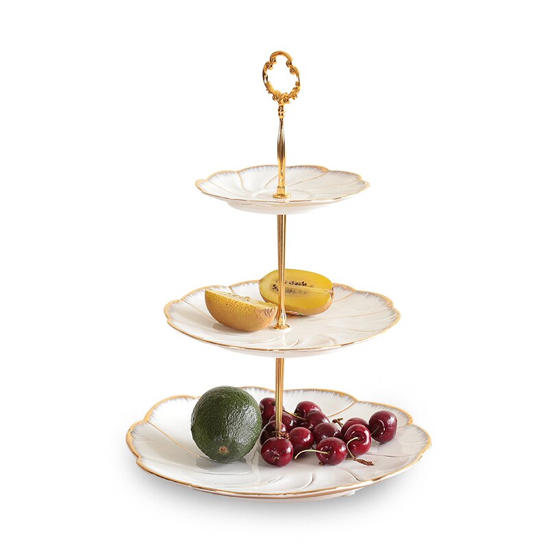 Dubbele Lagen 3 Lagen Witte Cake Stand Met Gouden Rand Taart Plaat Snack Schotel Servies Dessertbord Huwelijkscadeau