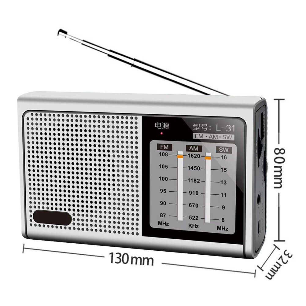 L-31 Mini Portable Full Band Radio Handheld USB Rechargeable FM AM SW Speaker Devices with Retractable Antenna 3.5mm Interface: Silver