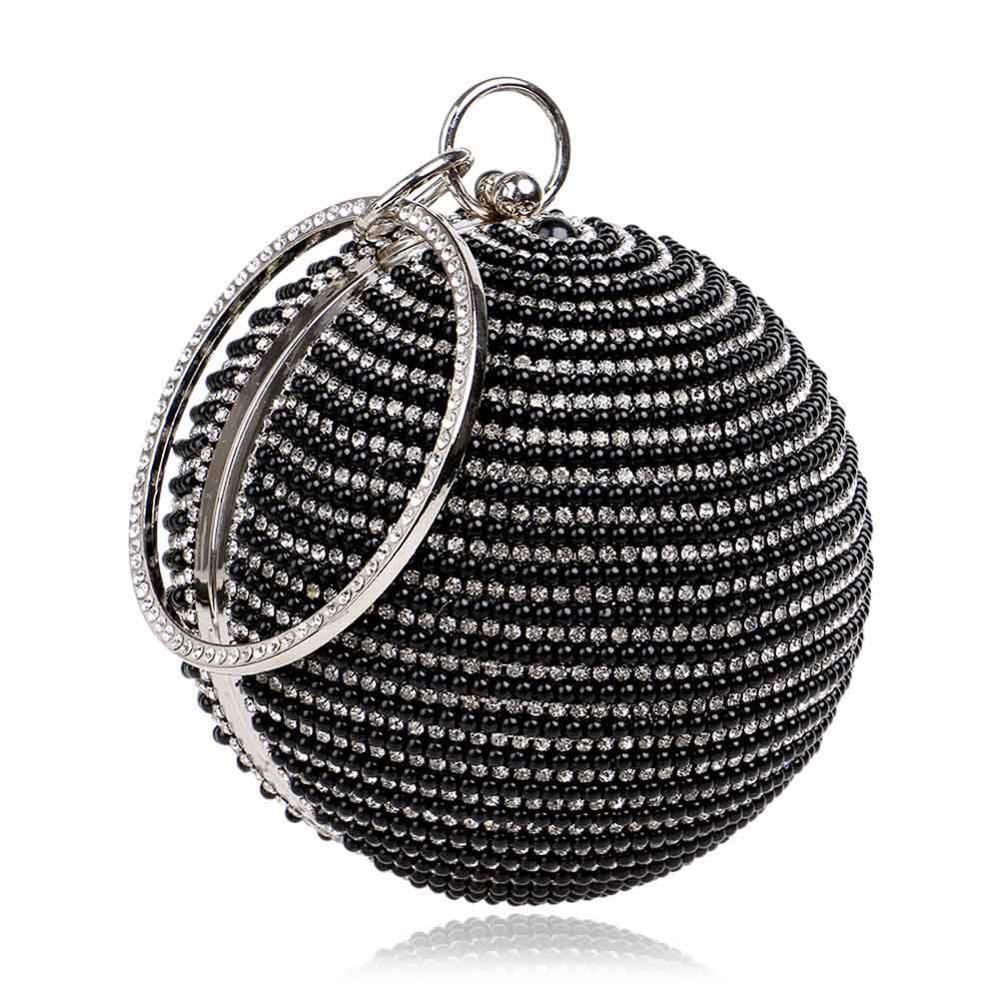 Sac à main de soirée en perles de diamant pour femmes, pochette de luxe avec chaîne, forme ronde, trousse de maquillage pour filles, pour fête de mariage: Black