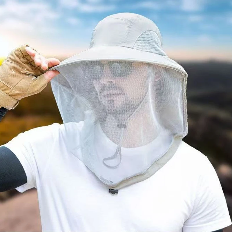 Casquette de prévention des moustiques, chapeau de protection contre les insectes, filet de tête de moustique, maille complète, cordon de serrage, sangle coupe-vent, casquette pour apiculture