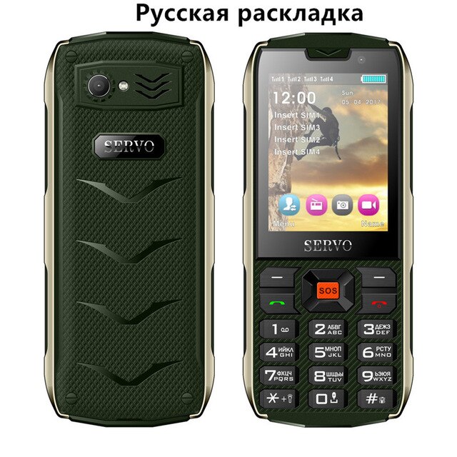 SERVO H8 Mobile Phone 2.8inch 4 SIM card 4 standby Bluetooth Flashlight GPRS 3000mAh Power Bank Phone Russian Language keyboard: Add 4GB TF card / Green Russian Key