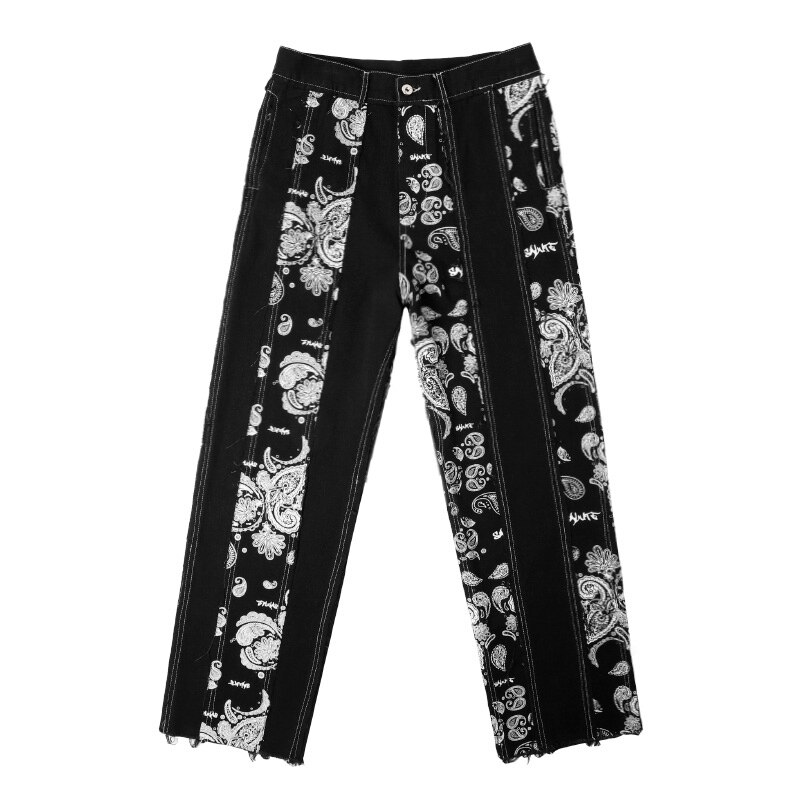 Cashew Print Patchwork Jeans Pants Men and Women Streetwear Straight Washed Harajuku Denim Trousers Loose Ripped Jeans for Men: Black / Asian M