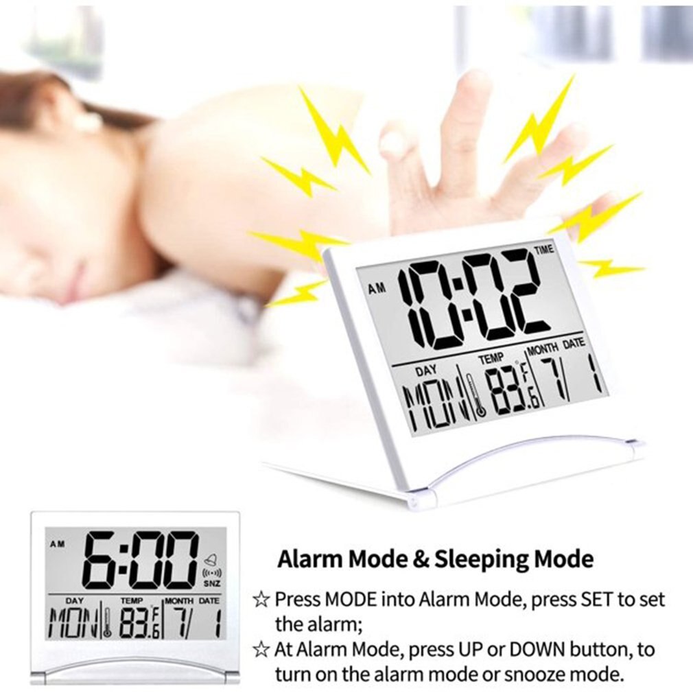 Digital Alarm Clock Foldable LCD Travel Clock With Calendar Temperature Snooze Large Display Desk Clock