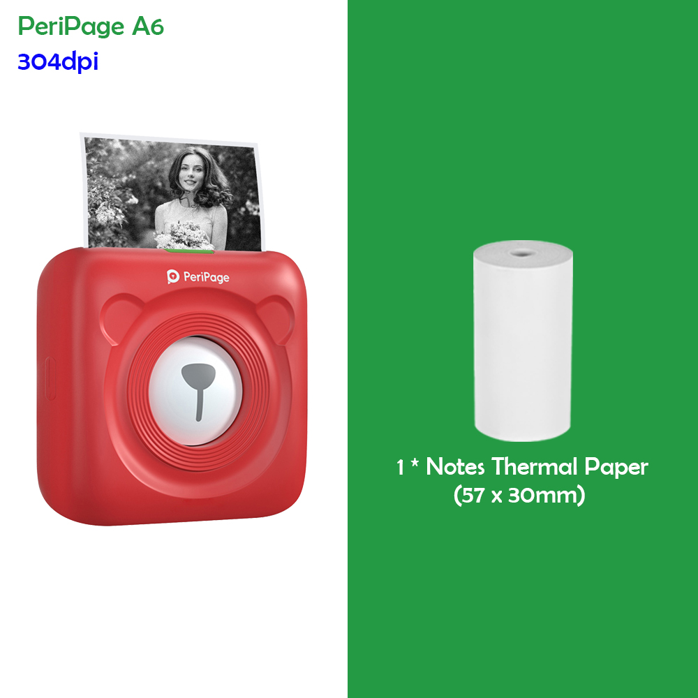 PeriPage A6 Mini Pocket Printer 304DPI Wireless BT Thermal Printer Picture Photo Label Memo Notes Journal Receipt Paper Printer: Red