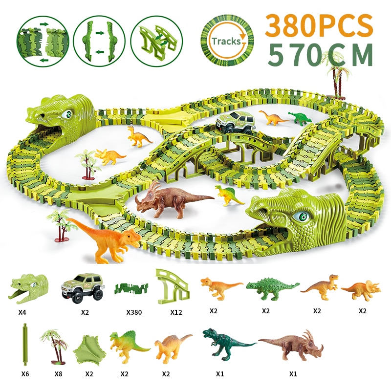 Dinosaurus Spoorweg Speelgoed Auto Spoor Racing Spoor Speelgoed Set Educatief Bocht Flexibele Race Track Flash Light Auto Speelgoed Voor Kinderen jongens