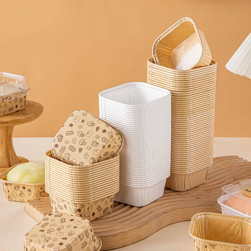 50pcs Square Cake Paper Holders Bread Dessert Pastry Packaging Boxes Disposable Oil Proof Paper Cups Cake Tools Kitchen Supplies