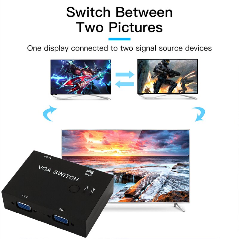 2-Port VGA Monitor Sharing Switch Box Video Selector 2 In 1 Out for HDTV PC Office DQ