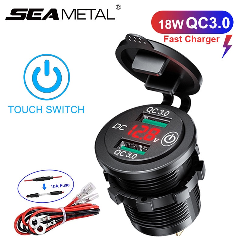 Dubbla usb  qc3.0 billaddare uttag med touch-omkopplare vattentät dammtät lock led 12v biluttag för telefon surfplatta kamera gps dvr