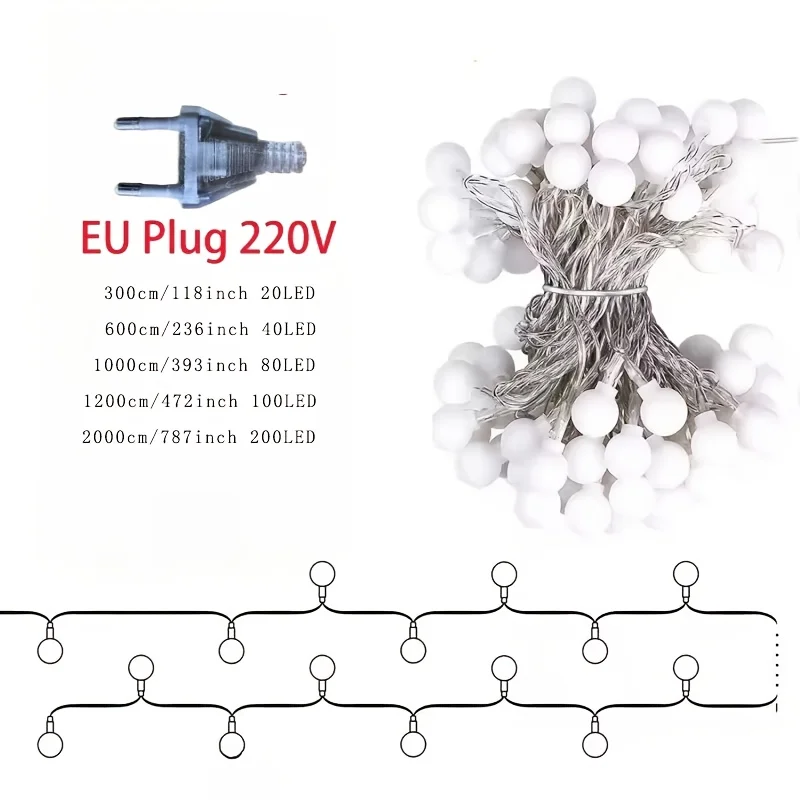3M-22M Fairy Garland LED Ball String Lights Outdoor Waterproof for Christmas Tree Wedding Home Indoor Decoration Eu Plug Powered