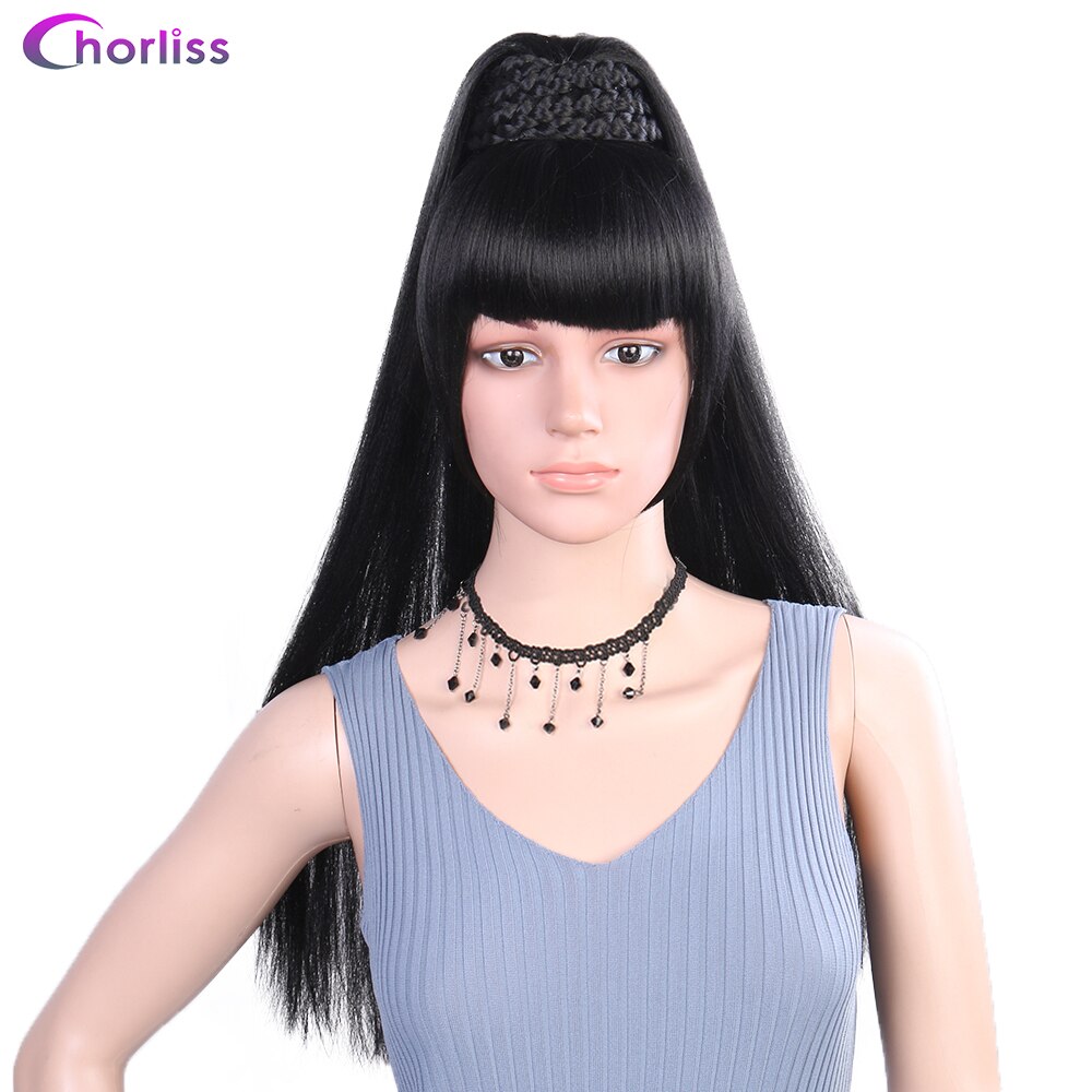 Chorliss longo yaki reta sintético rabo de cavalo com franja trançado chignon divisor de duas peças cabelo preto clip-in cabelo para mulher
