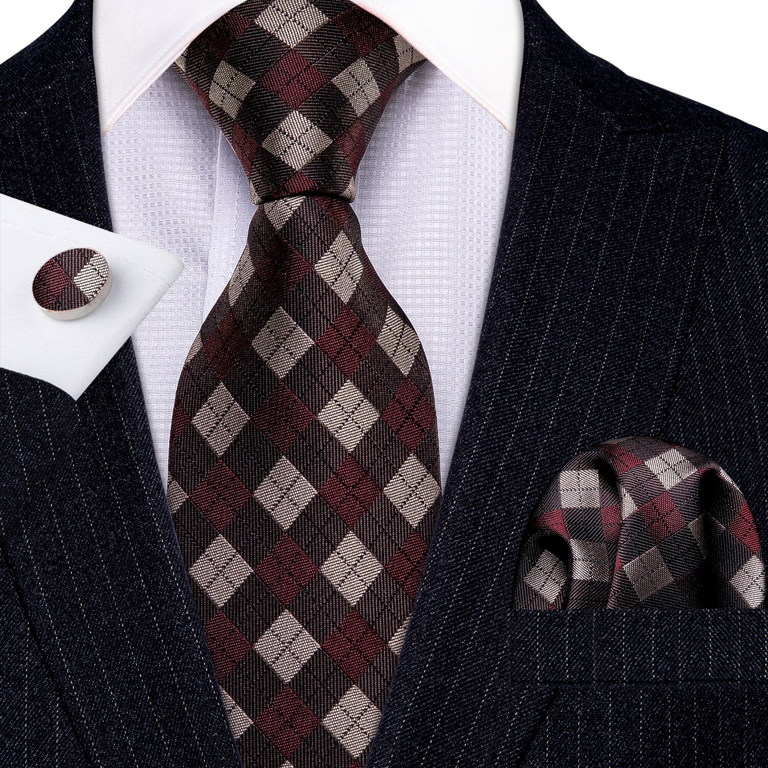 Cravate 100% soie pour hommes, Plaid rouge, Jacquard tissé, ensemble de boutons de manchette, cravate de cou, fête d&#39;affaires