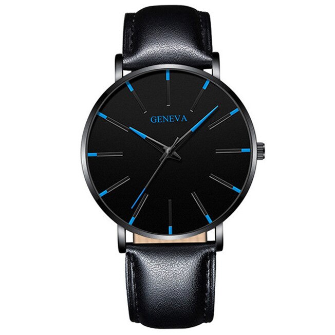 Minimalistiske herre ultra tynde ure simple herre business rustfrit stål mesh bælte kvarts ur relogio masculino: Sort blåt læder