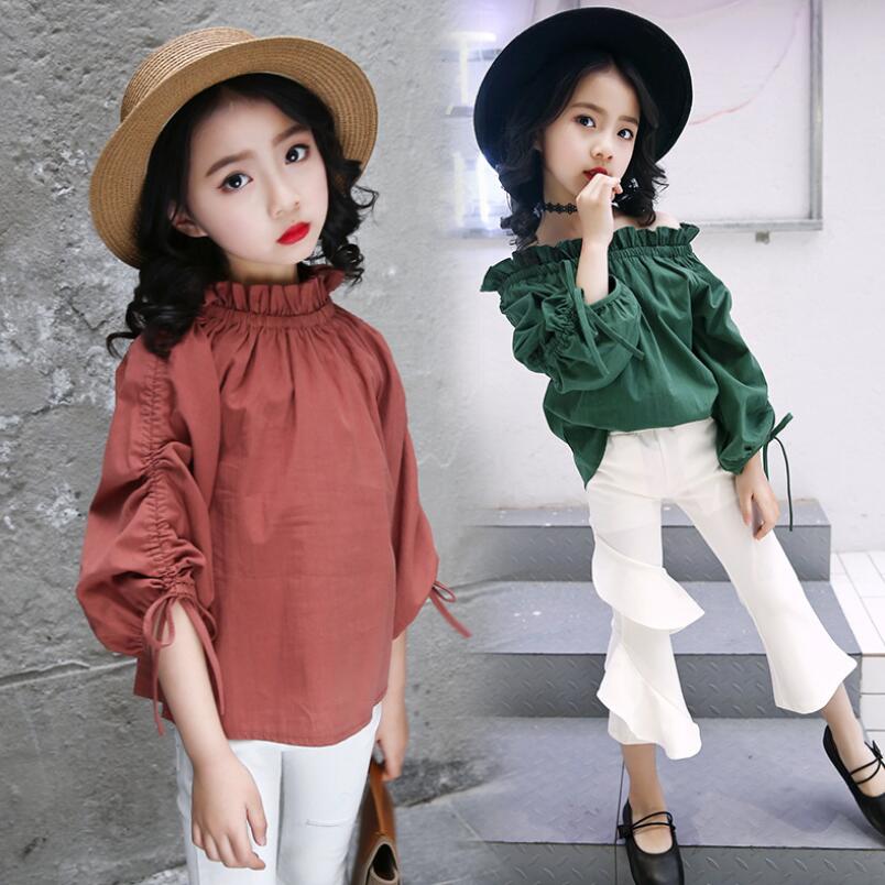 Herfst lente peuter tienerkleding witte meisjes shirts met schuine hals kinderen lange mouwen meisjes tops en blouse  jw3452a