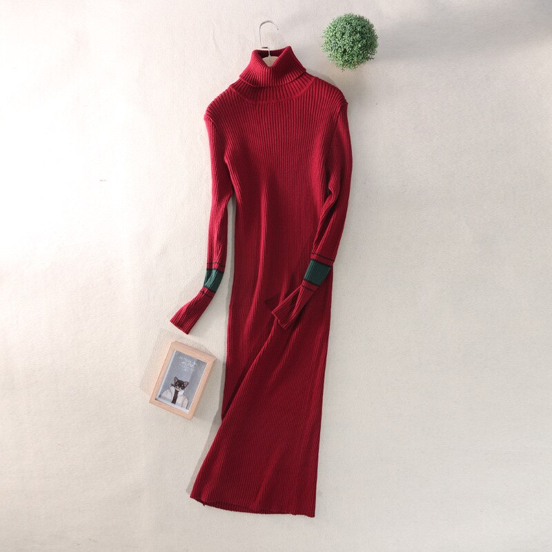 Autumn-Winter Women's Knitted Dress Fashionable sexy long dress with long sleeves and high collar: Burgundy