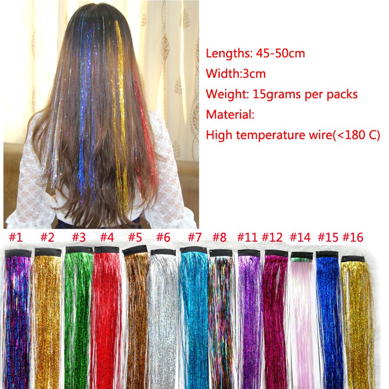 1pc fairy hair tinsel kit varmebestandig pack clip skinnende glitter hair extensions tilbehør til børn piger kvinder 13 farver 45cm
