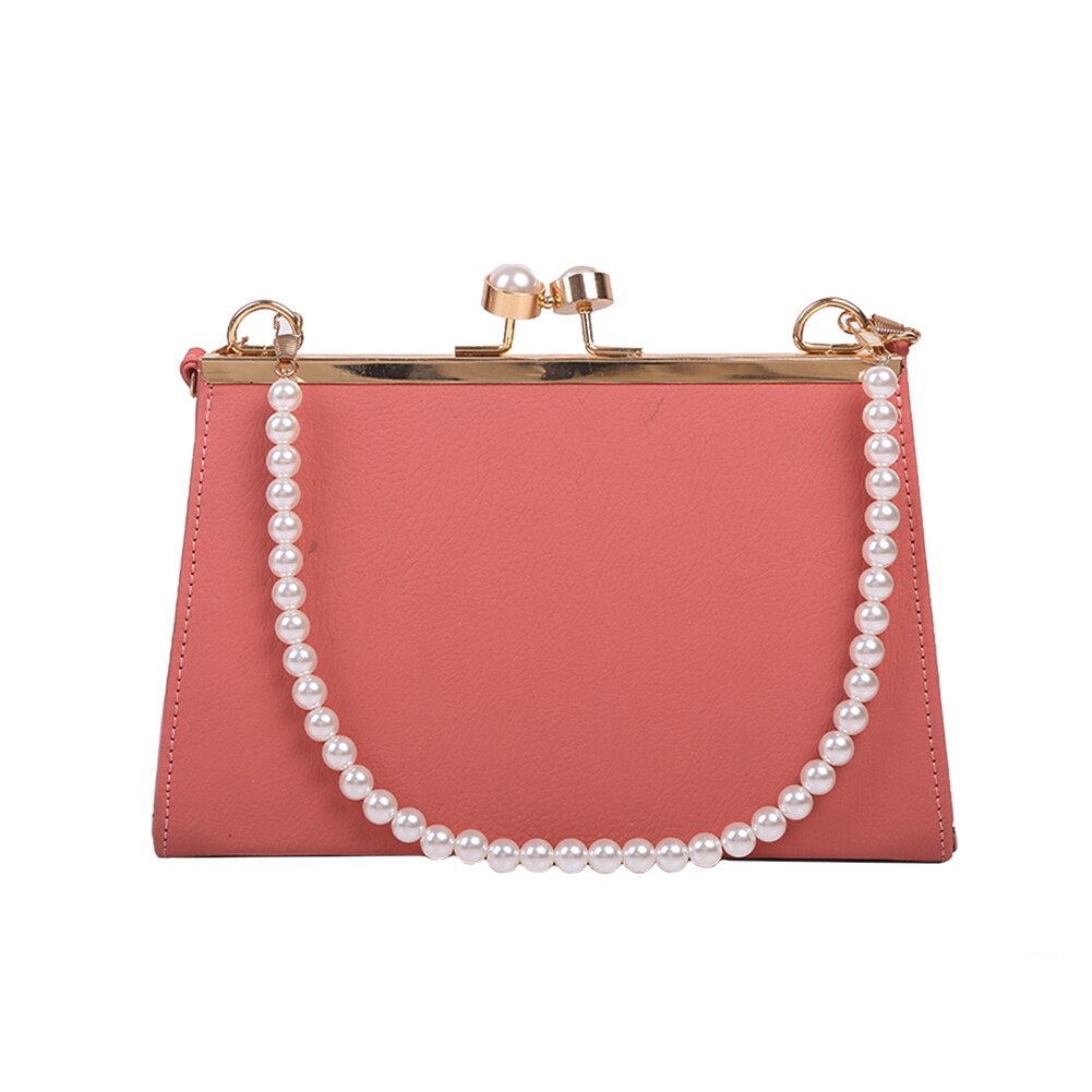 Casual PU Leather Clip Women's Shoulder Bags Pearl Handle Ladies Evening Clutch Purse Simple Solid Color Handbags: Pink