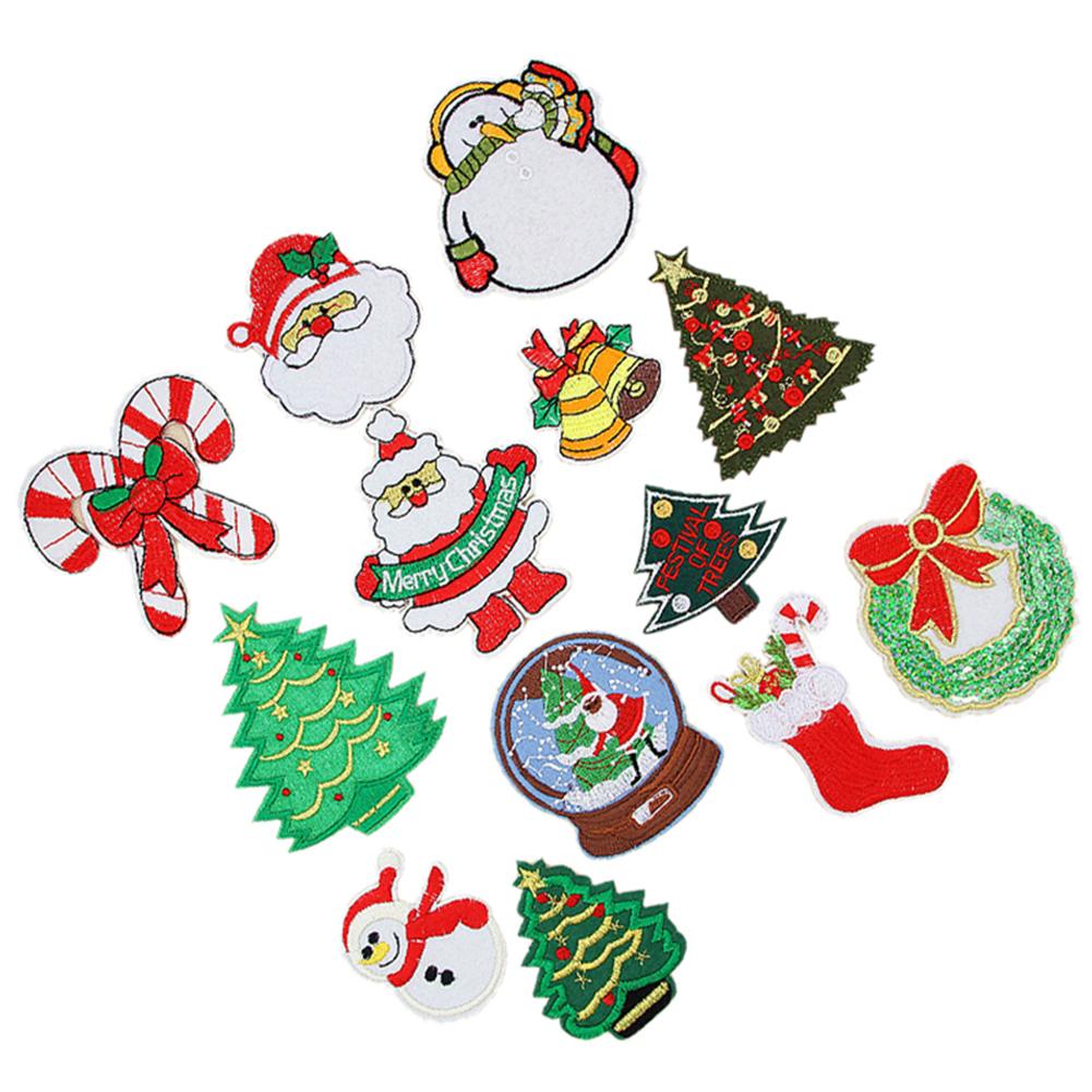 13 stk / sæt broderipatcher tøj juleserie juletræ / snemand på lapper diy tøj tilbehør klistermærker