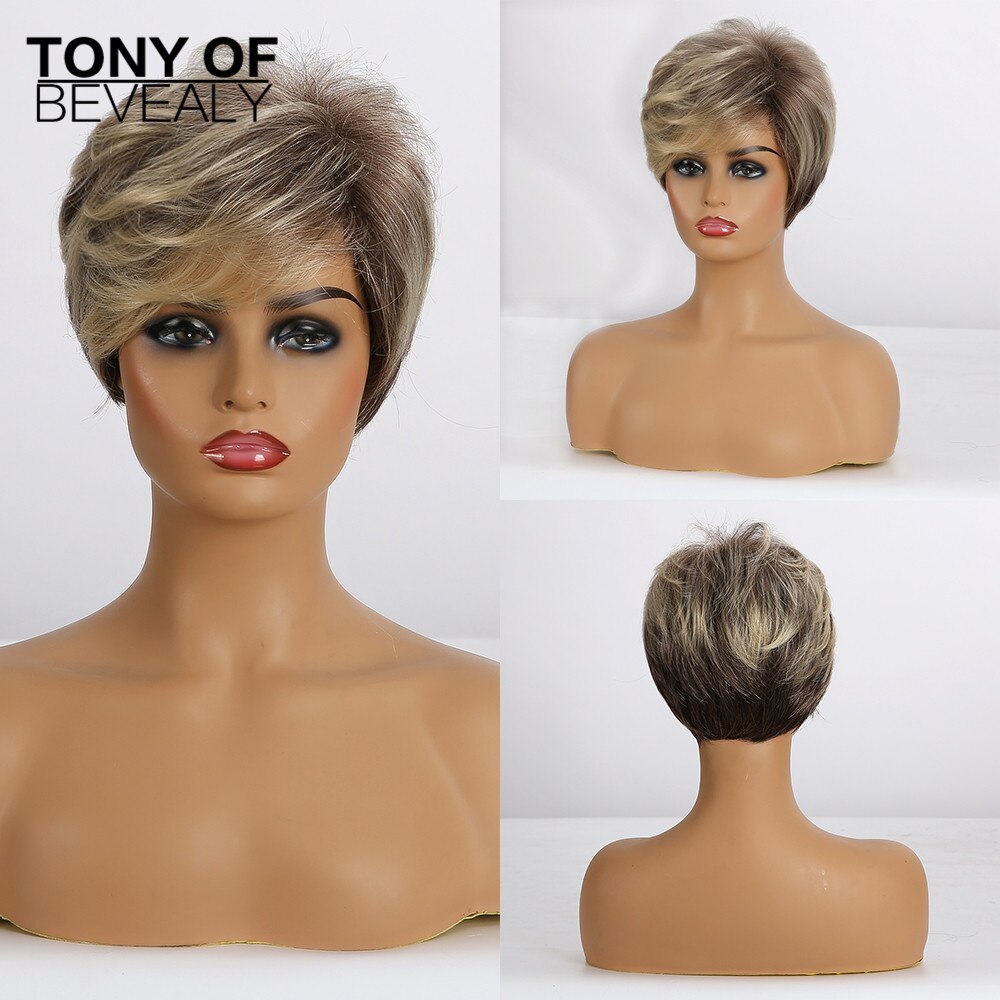 Bob corto-Peluca de cabello lacio Castaño para mujer, pelo sintético con flequillo, capas esponjosas, pelucas para uso diario, fibra resistente al calor: ss127-1