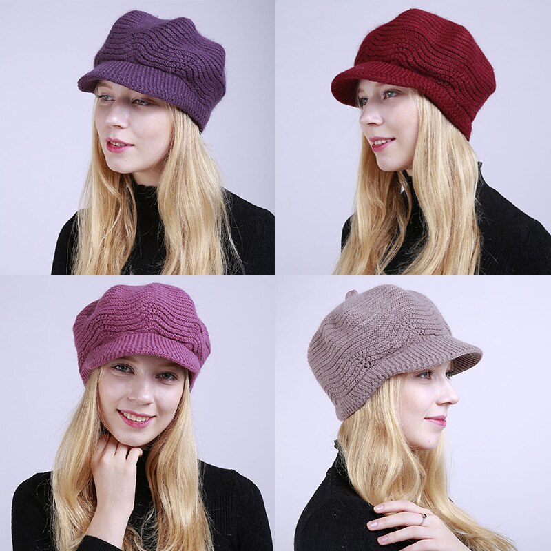 Dame plys indvendig flad skygge strikket hue efterår vinter ensfarvet blød visir hue ski cap hun strikket hue hue