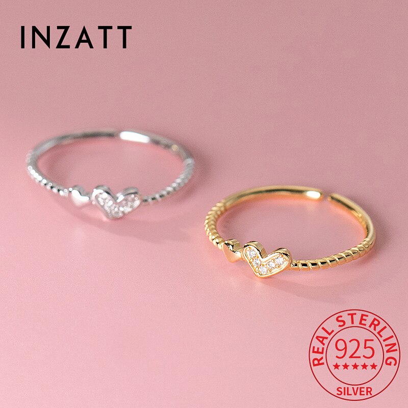 Inzatt Echt 925 Sterling Zilveren Zircon Hart Verstelbare Ring Voor Charmante Vrouwen Leuke Fijne Sieraden Minimalistische Accessoires
