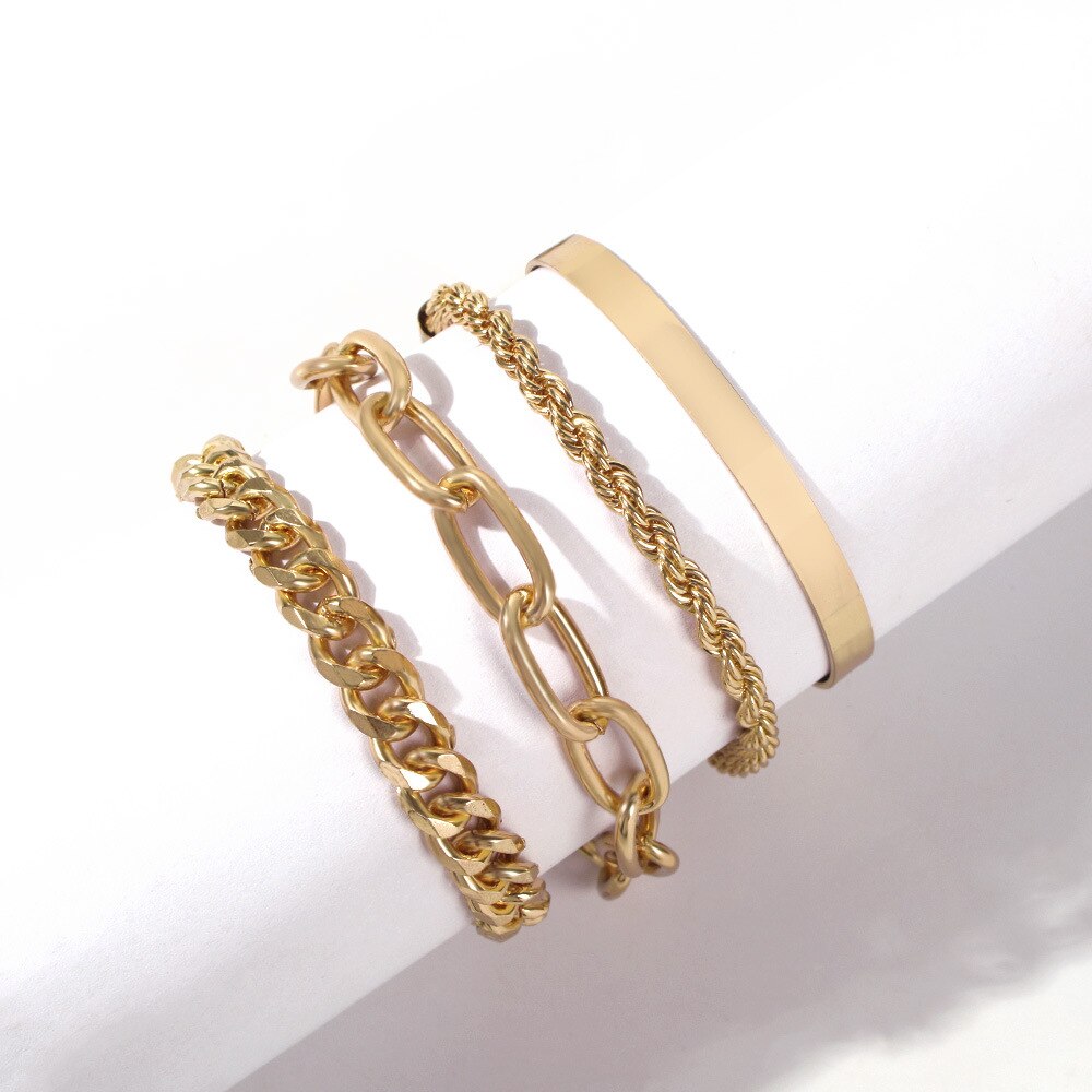 Punk 4Pcs/Set Cuban Link Chain Bracelets Set for Women Thicken Boho Miami Gold Color Bracelets Bangles for Lovers Jewelry Charm