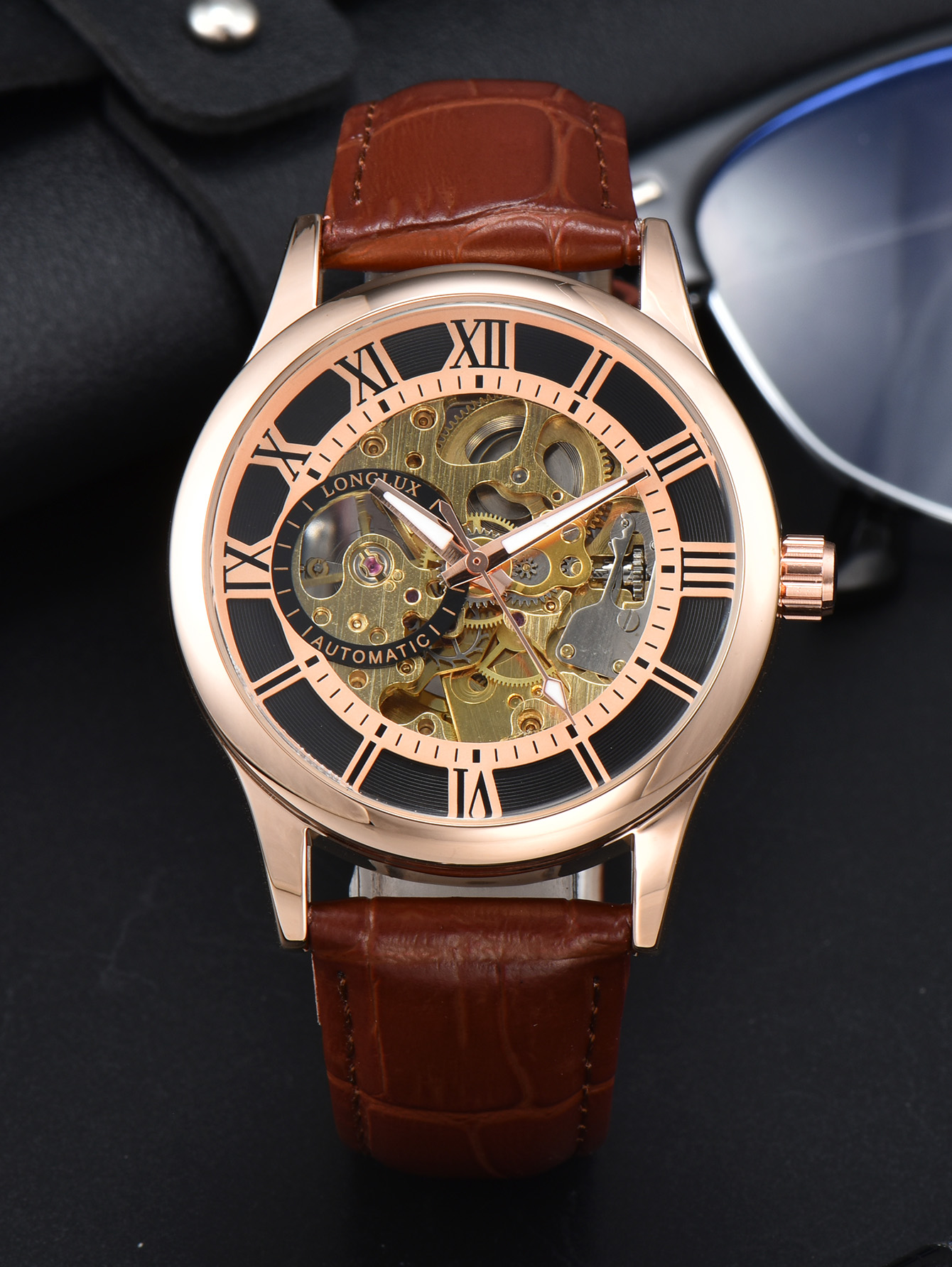 Reloj Automático LONGLUX, , relojes de pulsera mecánicos, reloj de cuero hueco resistente al agua para hombre, para hombre: Rosa