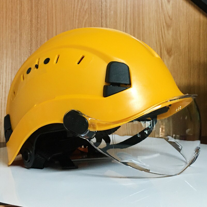 Sikkerhedshjelm med mørke beskyttelsesbriller udendørs klatring ridning beskyttelseshjelme arbejder redning hard hat abs arbejdshætte: Gul klar linse