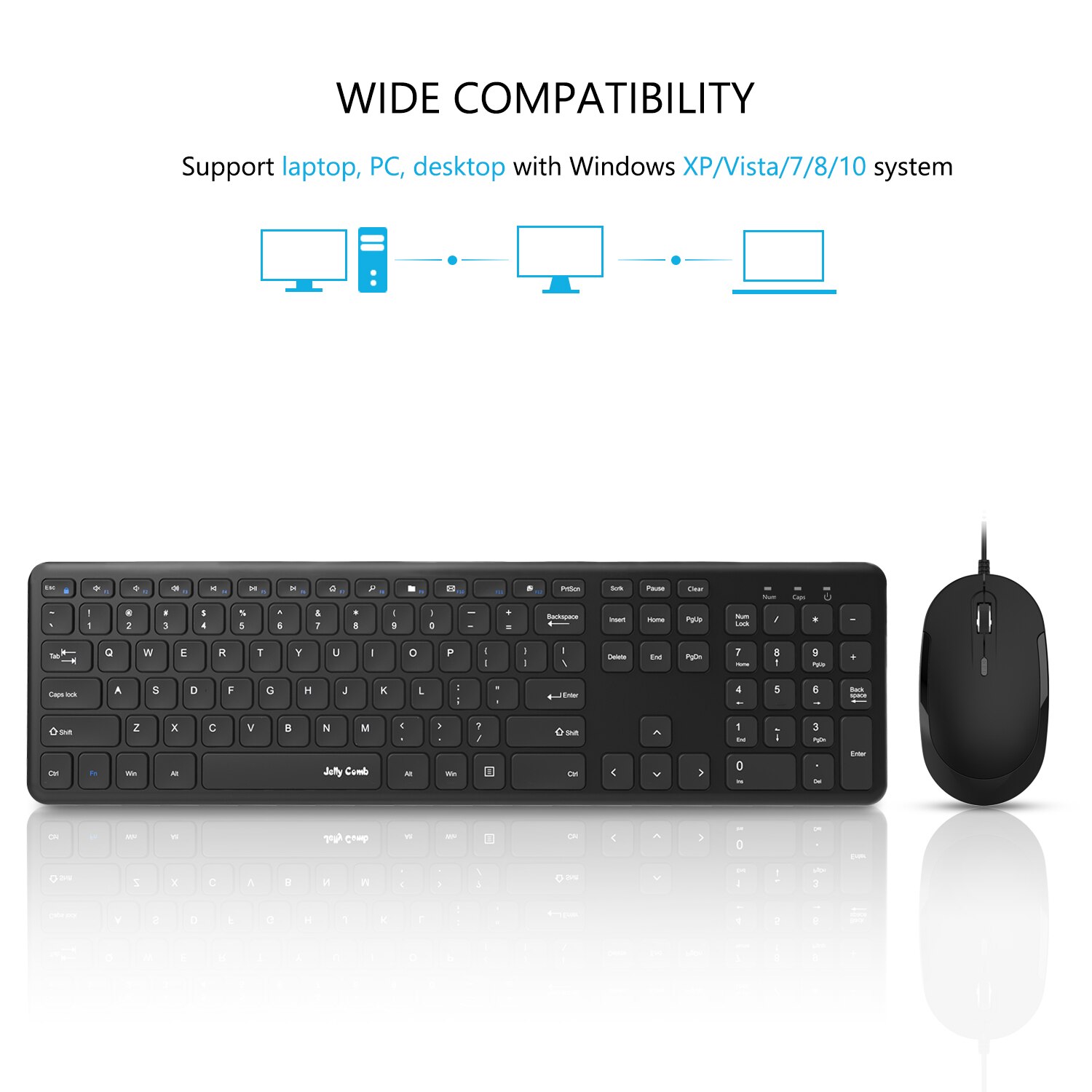 Jelly Comb Ultra Thin Wired Keyboard and Mouse Full Size USB Wire Corded Keyboard Mouse Combo Set with Number Pad for Computer