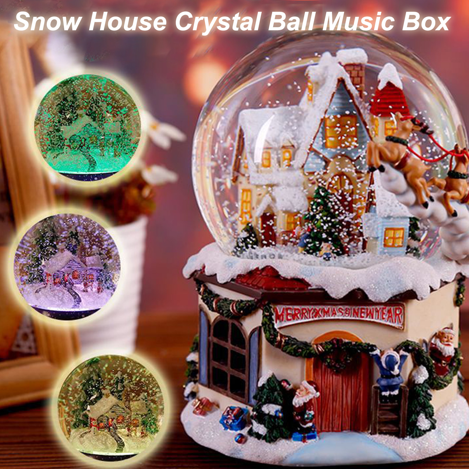 Bola de cristal de Navidad multifuncional 4 en 1, bola de nieve, caja de música de resina luminosa, de cumpleaños, , decoración de boda