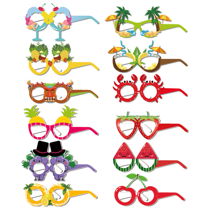 12 stks Hawaii Aloha Thema Zomer Fruit Papieren Glazen Foto Props Hawaiiaanse luau Tropisch Strand Zwembad Verjaardagsfeestje Decor Kids: Fluorescentie Geel