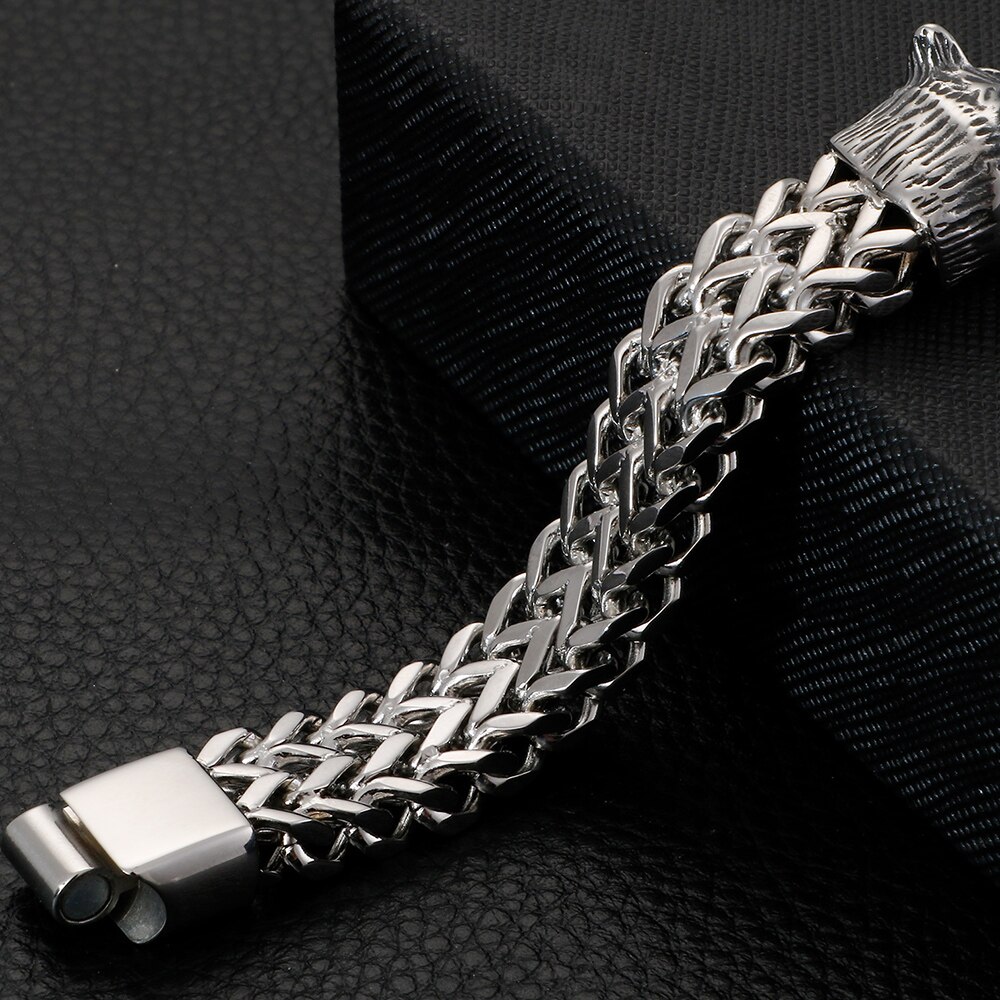 Vikings Biker Jewelry Stainless Steel Double Wolf Head Franco Link Curb Chain Bracelet For Men With Magnet Clasp 12MM Wide 22CM