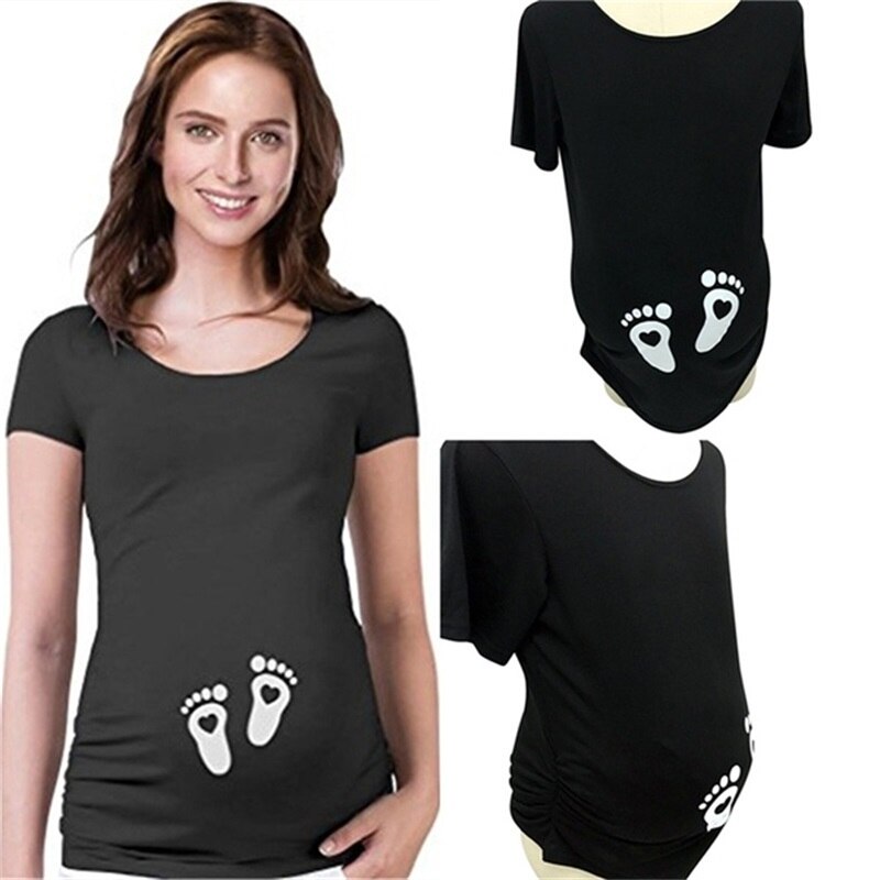 Gravidkläder sommar kortärmad t-shirt blus fotavtryck roliga damer graviditetstoppar t-shirt för gravida kvinnor