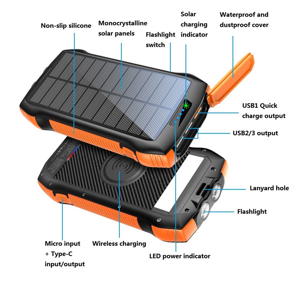 Solar Power Bank Waterproof 33600mAh Charger USB Ports External Waterproof Polymer Battery Charger Powerbank with LED Dual Light