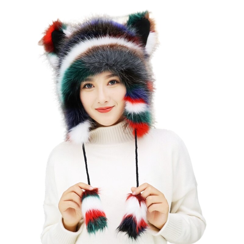 Women Winter Fluffy Furry Trapper Hat Cute Cat Ears Fuzzy Plush Animal Earflap Cap Windproof Thermal Earmuff Warmer