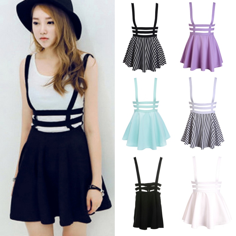 Women Mini Skater Skirt Cute Women Suspender Clothes Straps High Waist Skirt Summer Solid Party Mini Short Skirts