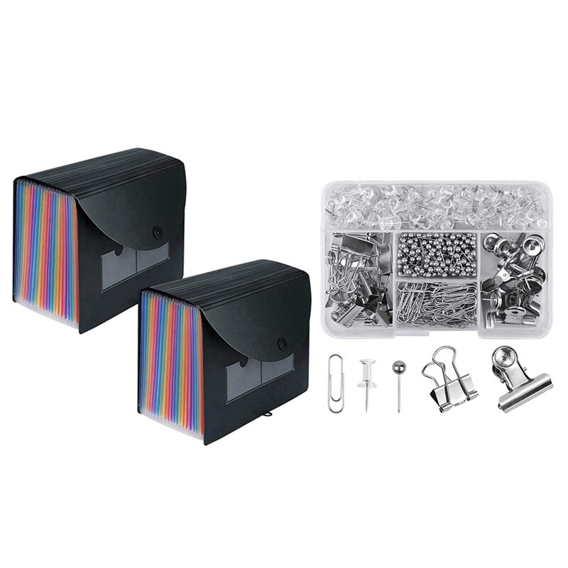 Expanding Filing Box 24 Compartments Plastic Expandable File Folders with 500PCS Silver Office Stationery Set: Default Title